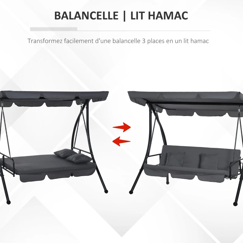 Outsunny Balancelle de Jardin Convertible 3 Places Grand Confort Inclinaison Toit réglable Matelas fourni 2L x 1,25l x 1,7H m métal Polyester Noir Anthracite