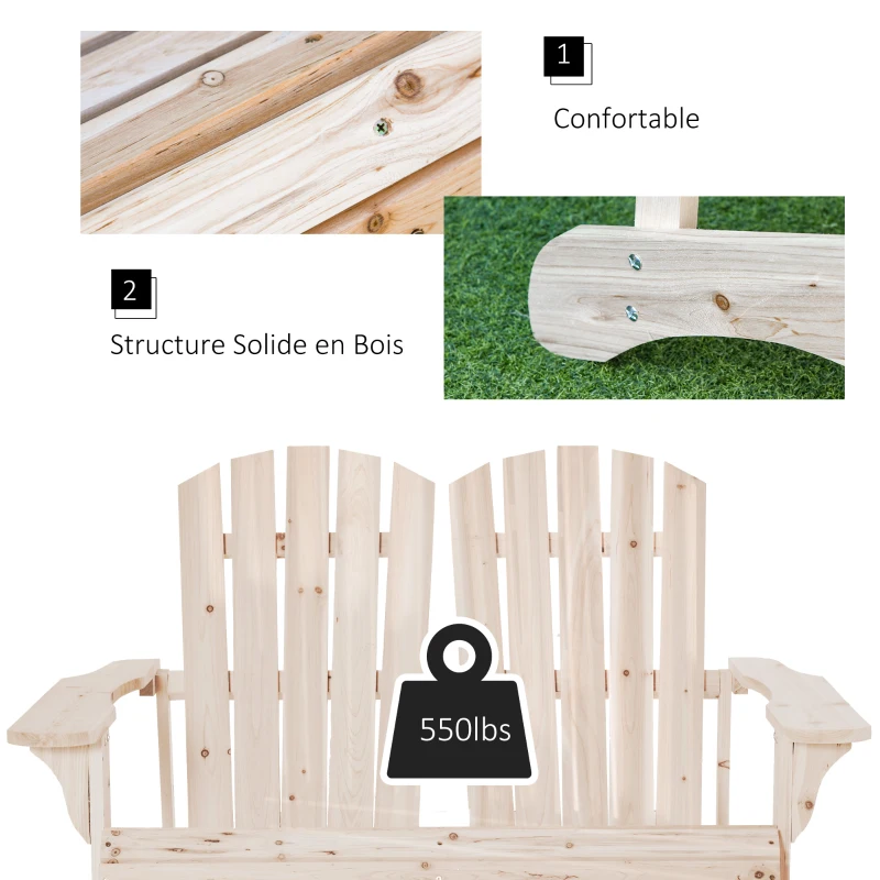 Outsunny Banc de Jardin 2 Places Design Adirondack Assise Dossier à Lattes Larges accoudoirs Bois Naturel sapin lasuré