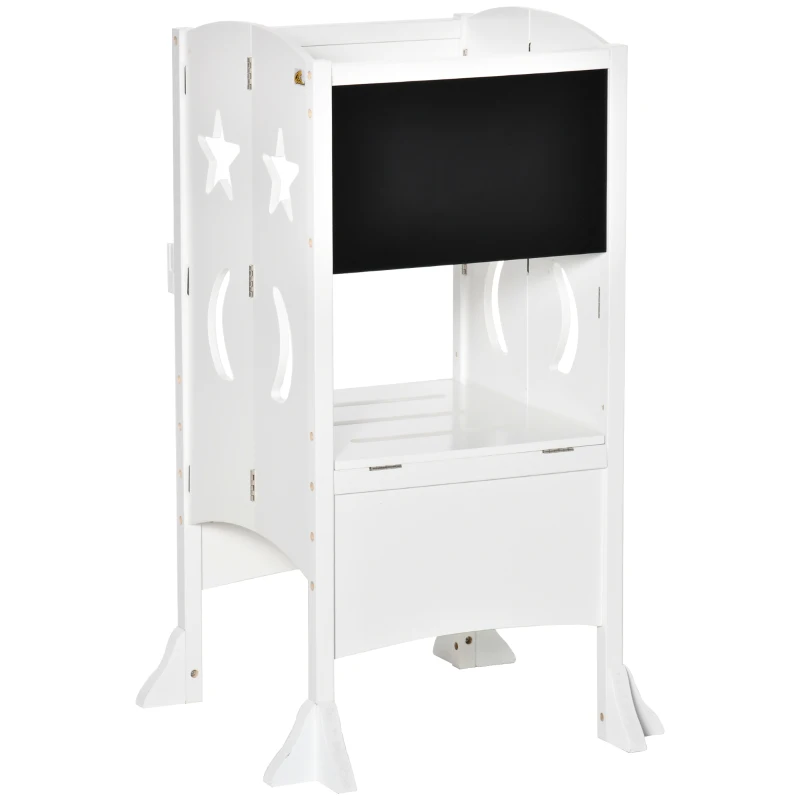 HOMCOM Kids Step Stool Toddler Kitchen Stool with Blackboard Lockable Handrail for Kids Kitchen Counter White