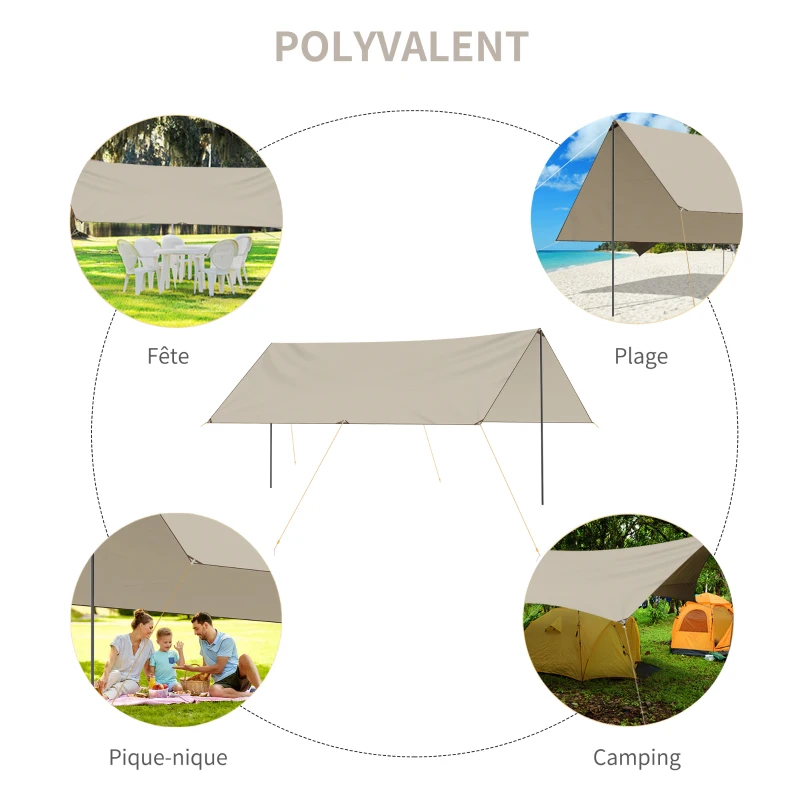 Outsunny Tente tarp de camping bâche 5 x 3 m protection solaire avec 2 mâts et sac de transport multifonction kaki