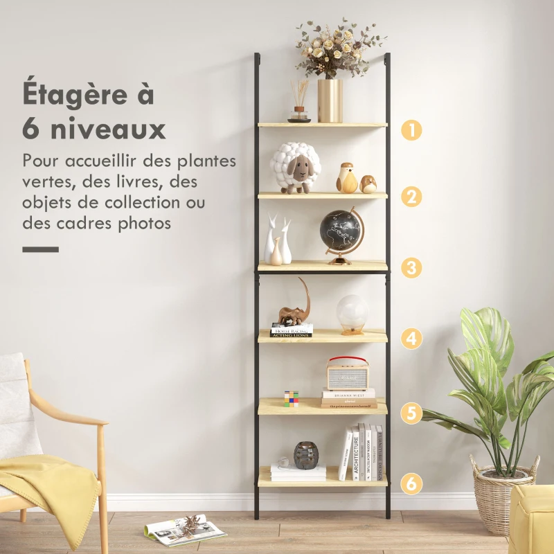 HOMCOM Étagère échelle mural bibliothèque style industriel 6 étagères acier noir aspect bois naturel dim. 60L x 30l x 206H cm