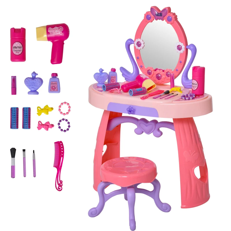 HOMCOM Tocador de Juguete para Niños +3 Años con  29 Piezas Taburete Función de Música Luces Centro de Belleza Infantil 49,5x23,5x69,5 cm Rosa