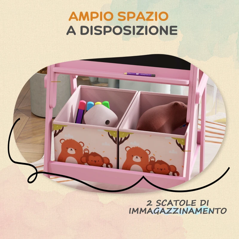 AIYAPLAY Cavalletto Artistico per Bambini 3-8 Anni con Lavagna a 2 Lati e 2 Cestini Contenitori, in Legno, 53.5x49x113 cm, Rosa