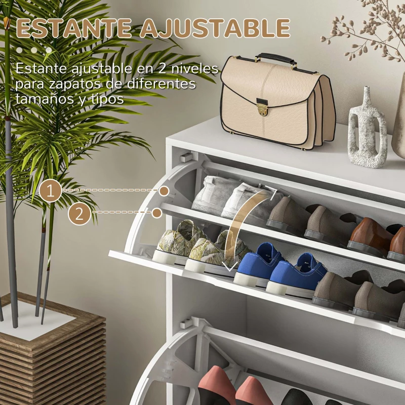 HOMCOM Zapatero de Entrada Recibidor con 2 Cajones Abatibles y Estantes Ajustables para 16 Pares de Zapatos 81,5x25x83cm Blanco(m-5)