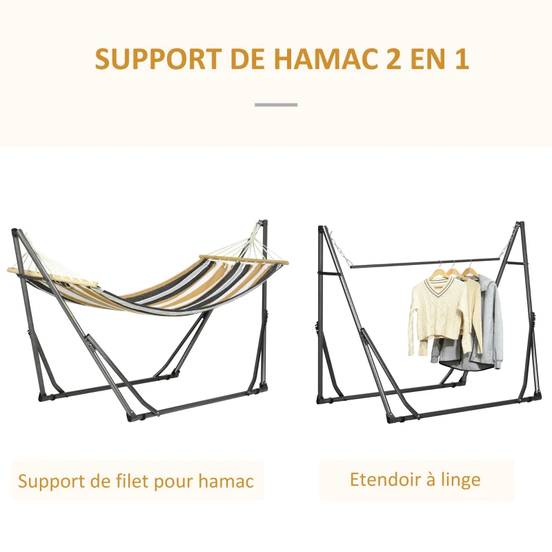 Outsunny Hamac de jardin pliable étendoir à linge avec support incurvé en métal époxy hamac sur pied 1 place charge max. 120 Kg