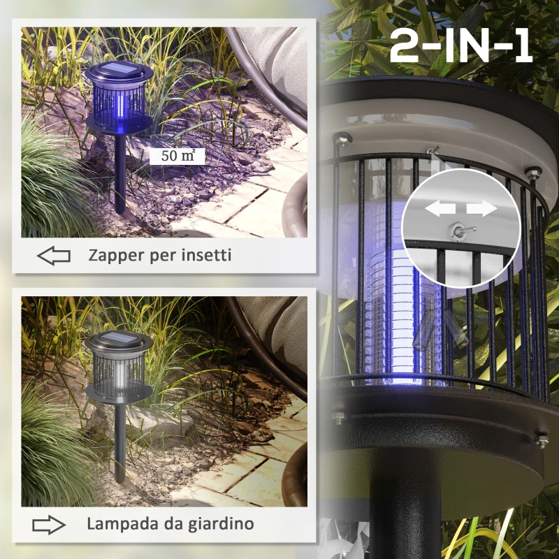 Outsunny Set 2 Lampade Antizanzare da Esterno 2 in 1 con Luce LED e UV, Ricarica Solare e USB, Nero