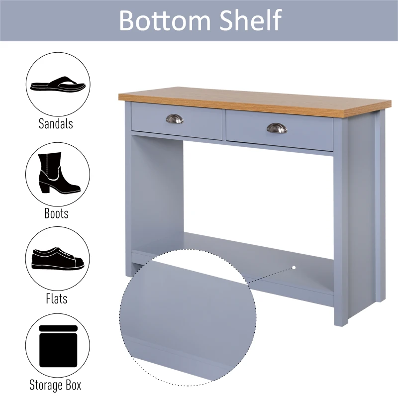 HOMCOM 2 Drawers Console Table w/Bottom Shelf Rustic Retro Style Hallway Living Room Home Furniture Wood Effect Worktop Grey