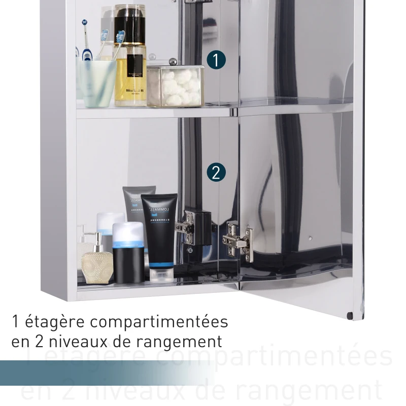 HOMCOM Armoire miroir rangement toilette salle de bain meuble mural dim. 30L x 14l x 55H cm acier inox.