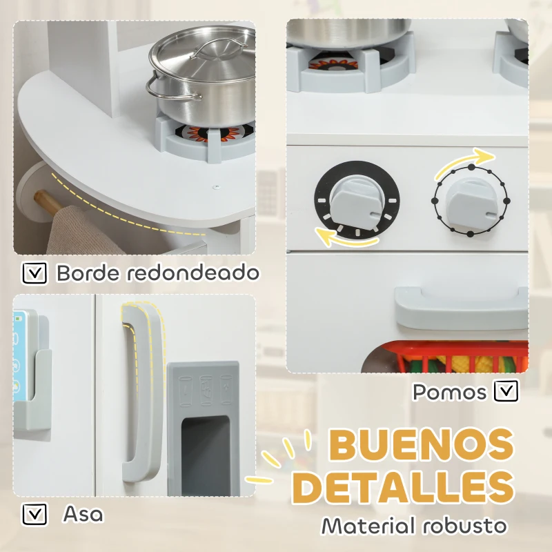 AIYAPLAY Cocina de Madera Infantil con Fogón Grifo Fregadero Microondas Reloj Máquina de Hielo y Accesorios de Cocina Blanco