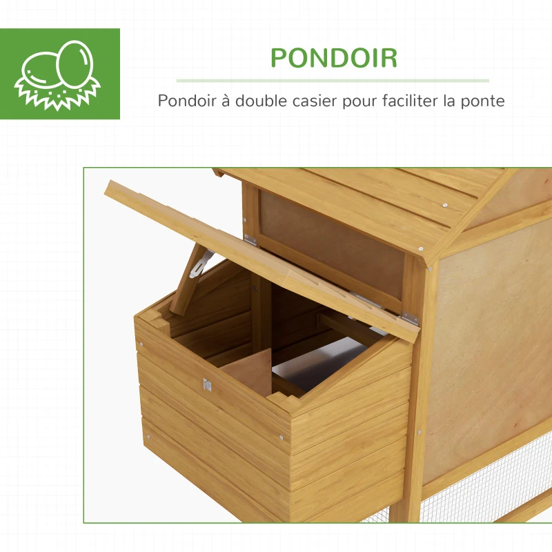 PawHut Petit poulailler cottage cage à poules sur pied dim. 151L x 54l x 87H cm multi-équipement bois massif de sapin