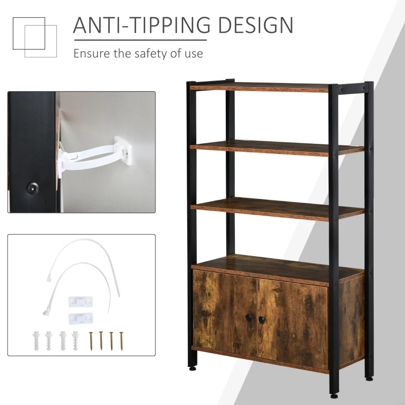 HOMCOM Industrial Bookshelf, Storage Cabinet with 3-Tier with Doors, for Home Office, Living Room Rustic Brown