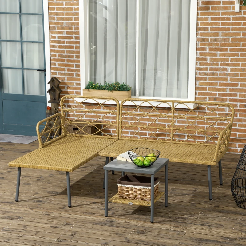 Outsunny Salotto da Giardino in Rattan PE con Chaise Longue, Divano 2 Posti e Tavolino, Crema