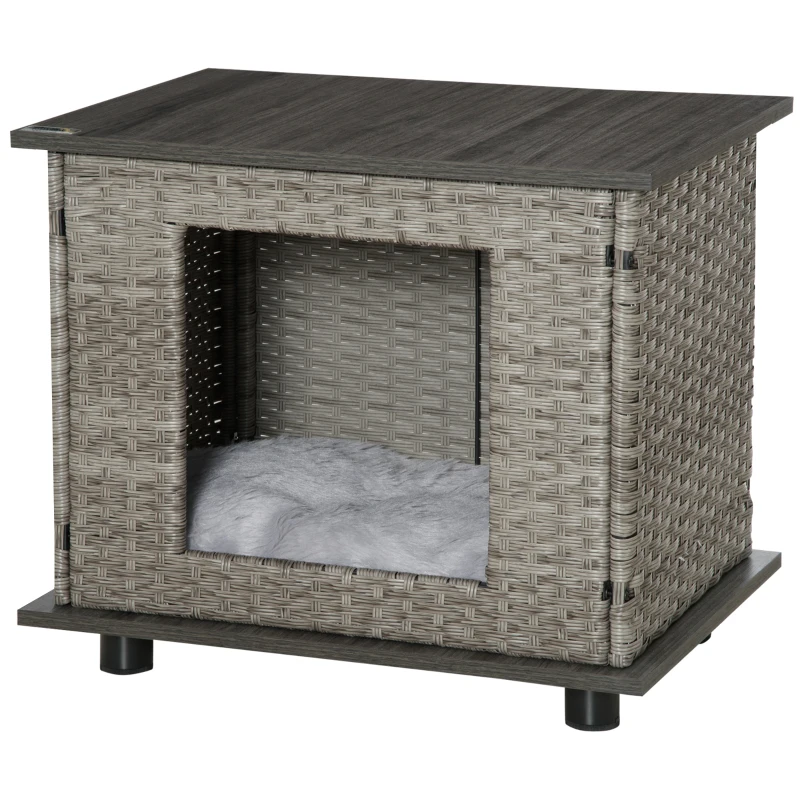 PawHut Wicker Dog House, Rattan Pet Bed, Cat House, End Table Furniture, with Soft Cushion, Adjustable Feet, for X-Small Dogs Grey, 60 x 44 x 51.5 cm
