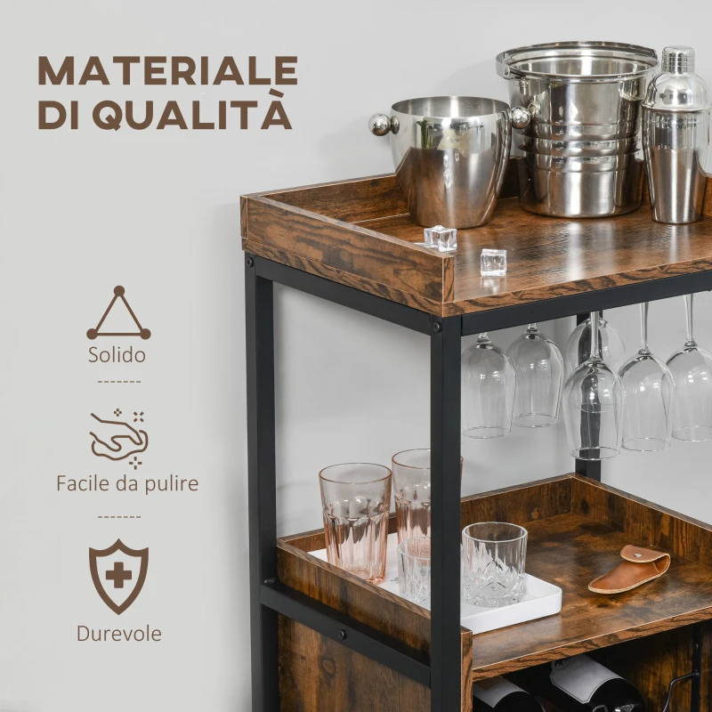 HOMCOM Mobile Portabottiglie Stile Industriale con Cantinetta Vini per 9 Bottiglie e Portacalici, Marrone