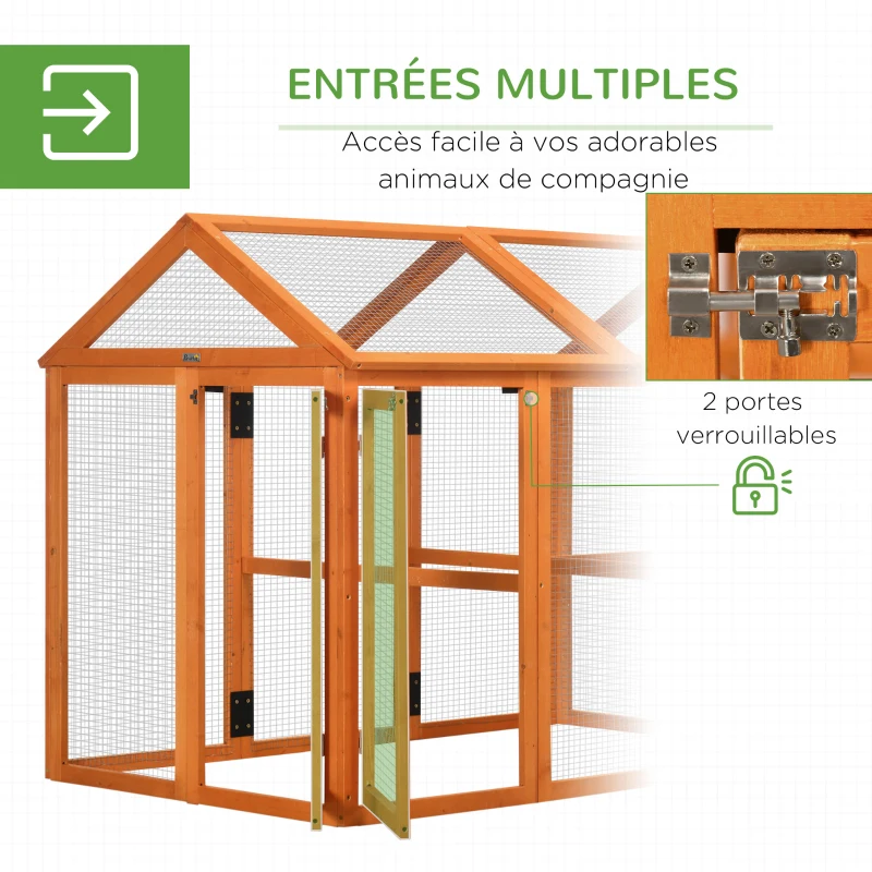 PawHut Enclos poulailler en bois cage à poules parc grillagé 140 x 88,5 x 106 cm orange
