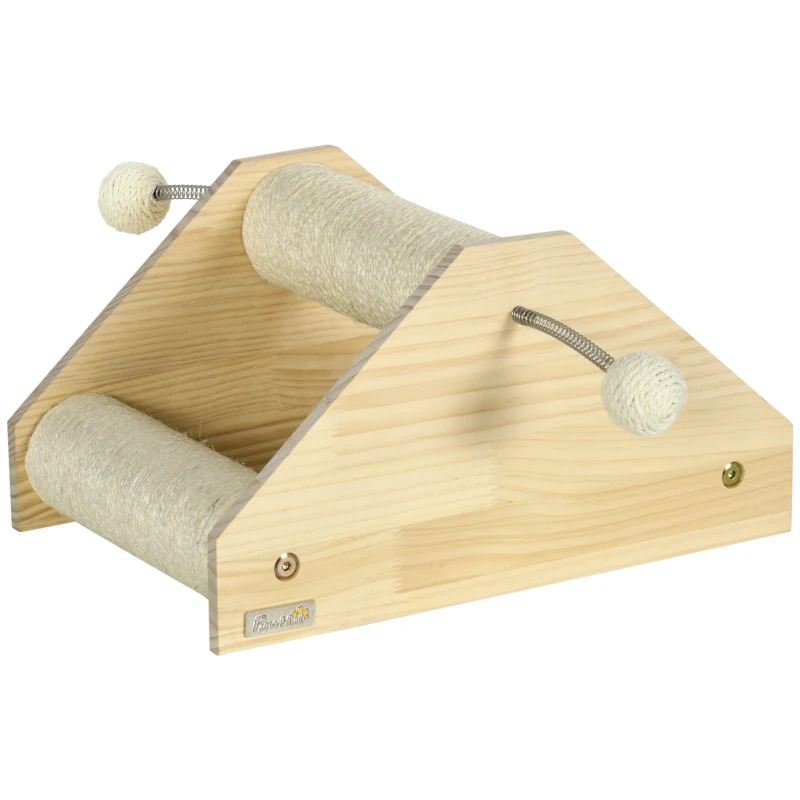 PawHut Griffoir grattoir pour chat 3 rouleaux sisal et 2 pompons sur ressort 40 x 27,5 x 21 cm bois et sisal