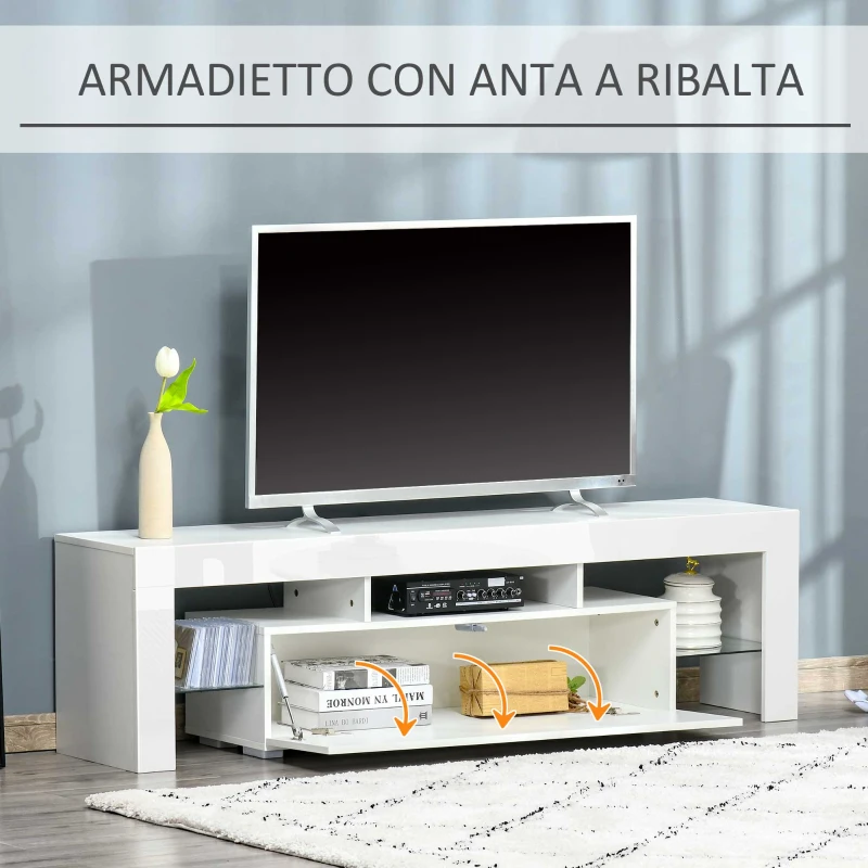 HOMCOM Mobile TV con Luci a LED di 16 Colori RGB per TV Fino 65", MDF e Vetro, 160x35x45cm - Bianco