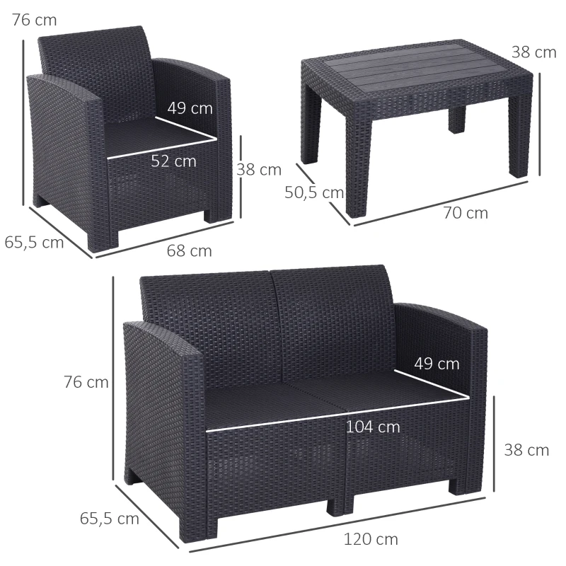 Outsunny Salon de Jardin 4 pers. 4 pièces Style Contemporain Coussins Grand Confort Inclus Polyester Gris Clair résine tressée Noir