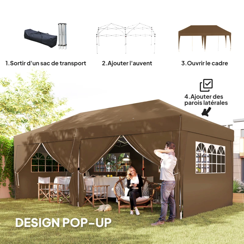 Outsunny Tonnelle de jardin exterieur tonnelle pliante 3 x 6 m avec 6 parois latérales, sac de transport inclus, café