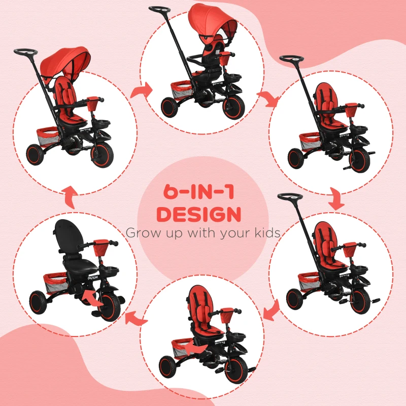 HOMCOM Multifunctional Kids Tricycle, with Rotatable Seat, Adjustable Push Handle - Red