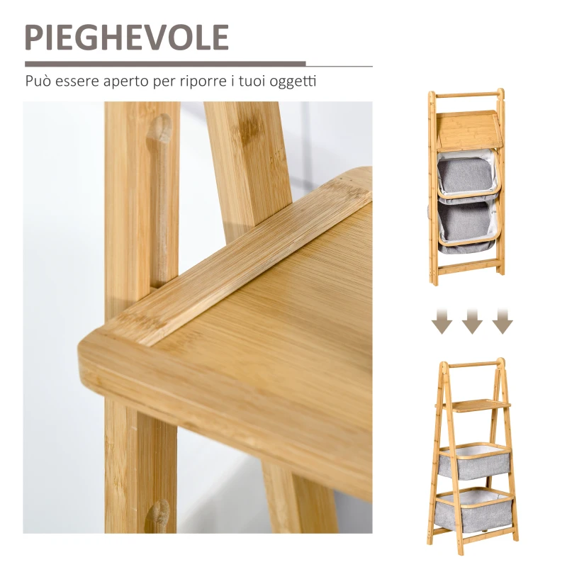 HOMCOM Scaffale Salvaspazio a 3 Ripiani in Bambù, Mobiletto Bagno Pieghevole con 2 Cassetti in Tessuto Grigio, 44.5x33x108cm