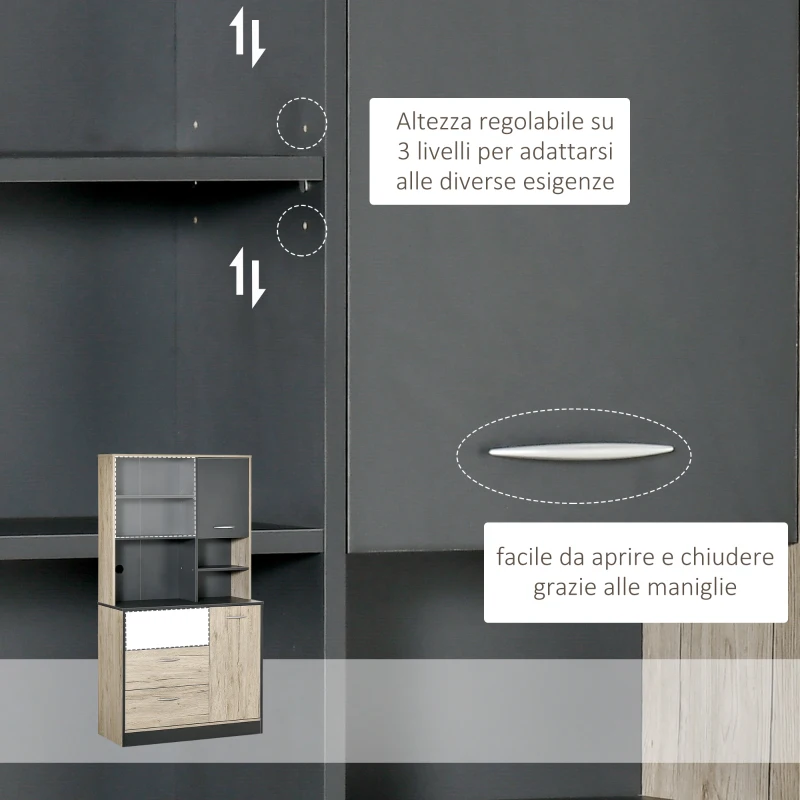 HOMCOM Mobile Cucina Credenza Moderna Salvaspazio con 2 armadietti 3 cassetti 3 ripiani Legno 90 x 39 x 169cm colore Grigio Rovere Chiaro