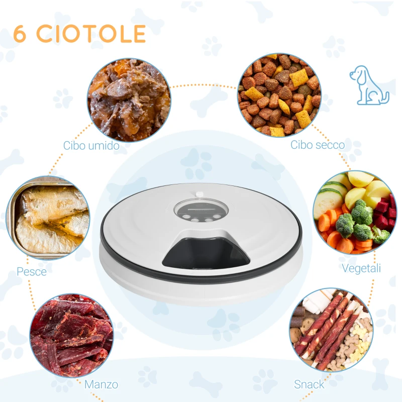 PawHut Distributore Automatico Cibo Cani e Gatti, 6 Pasti Ciotole con Timer e Display LED a Batterie, Dispenser Cibo per Piccoli Animali con Musica