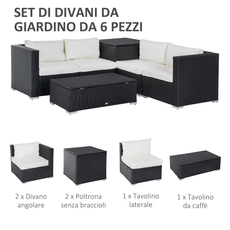 Outsunny Set da Giardino 6 Pezzi, 4 Poltrone con Cuscini e 2 Tavolini Contenitore in Rattan PE, Nero e Crema