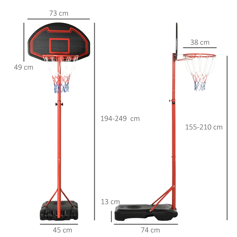 HOMCOM Aro de Baloncesto Altura Ajustable 194-249 cm con Ruedas y Base Rellenable para Adolescentes y Adultos Negro