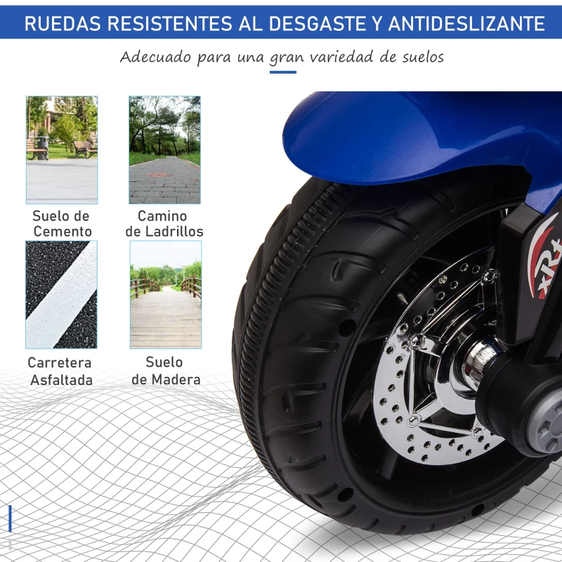 HOMCOM Moto Eléctrica Infantil con Luces Bocina Música Neumáticos Anchos Moto para Niños con Velocidad 3 km/h Azul