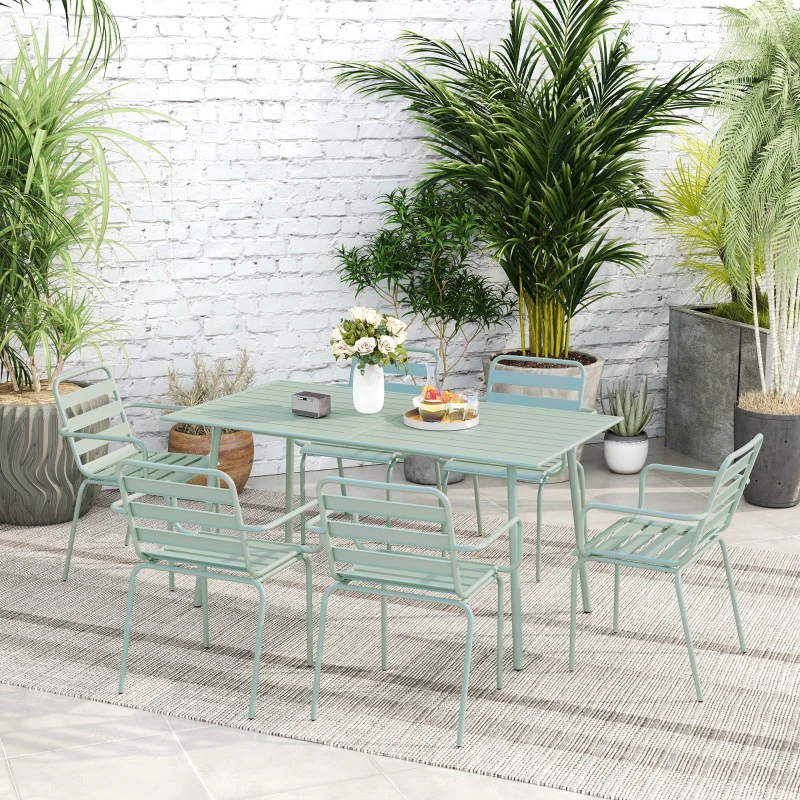 Outsunny Salon de jardin ensemble salle à manger de jardin 7 pièces avec 1 table et 6 chaises empilables en acier vert clair