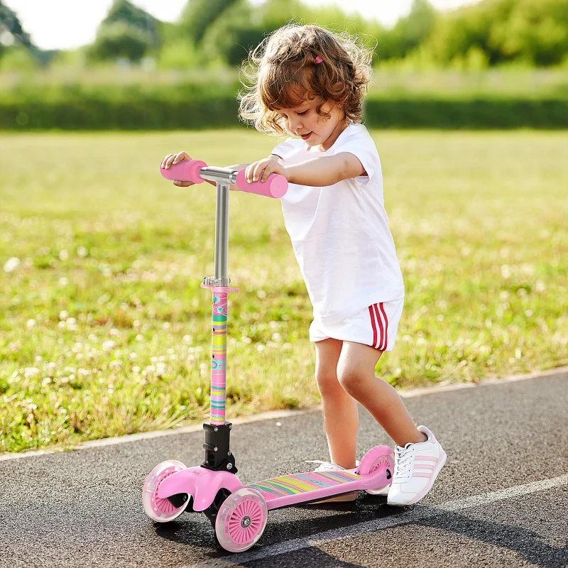 HOMCOM Patinete para Niños de +3 Años Plegable Patinete 3 Ruedas con Luces LED Manillar Altura Ajustable y Freno Posterior Carga Máxima 50 kg 54,7x32,5x59-69 cm Rosa