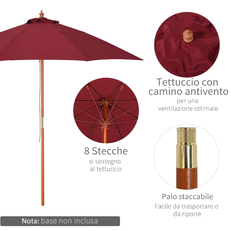 Outsunny Ombrellone da Giardino 2.5x2.5 m con Tettuccio Antivento in Poliestere Rosso e Palo in Legno