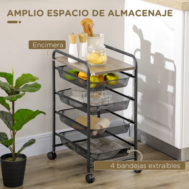 HOMCOM Carrito Multiusos con Ruedas 4 Bandejas Extraíbles y Tablero de Madera para Salón Cocina 41,5x31x66 cm Negro