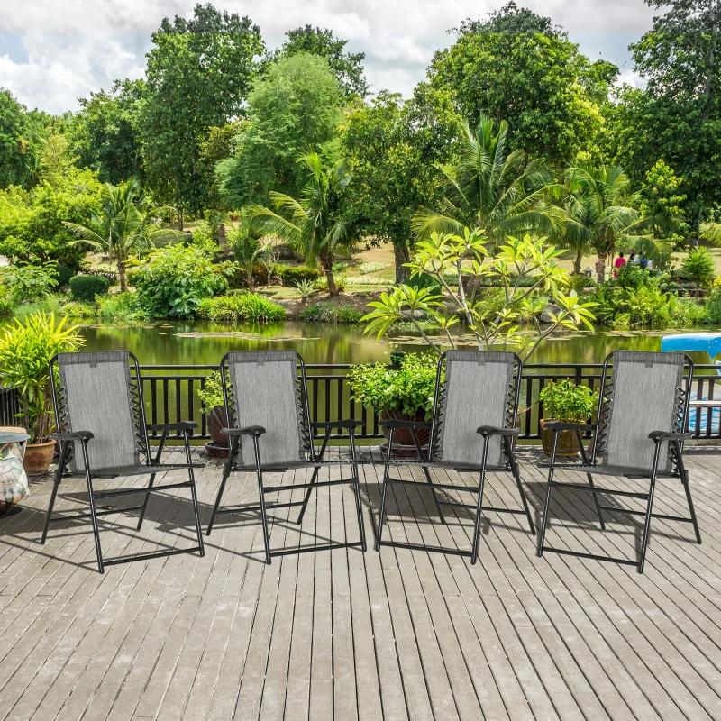 Outsunny  Pieces Patio Folding Chair Set, Outdoor Portable Loungers for Camping Pool Beach Deck, Lawn Chairs with Armrest Steel Frame, Mixed Grey