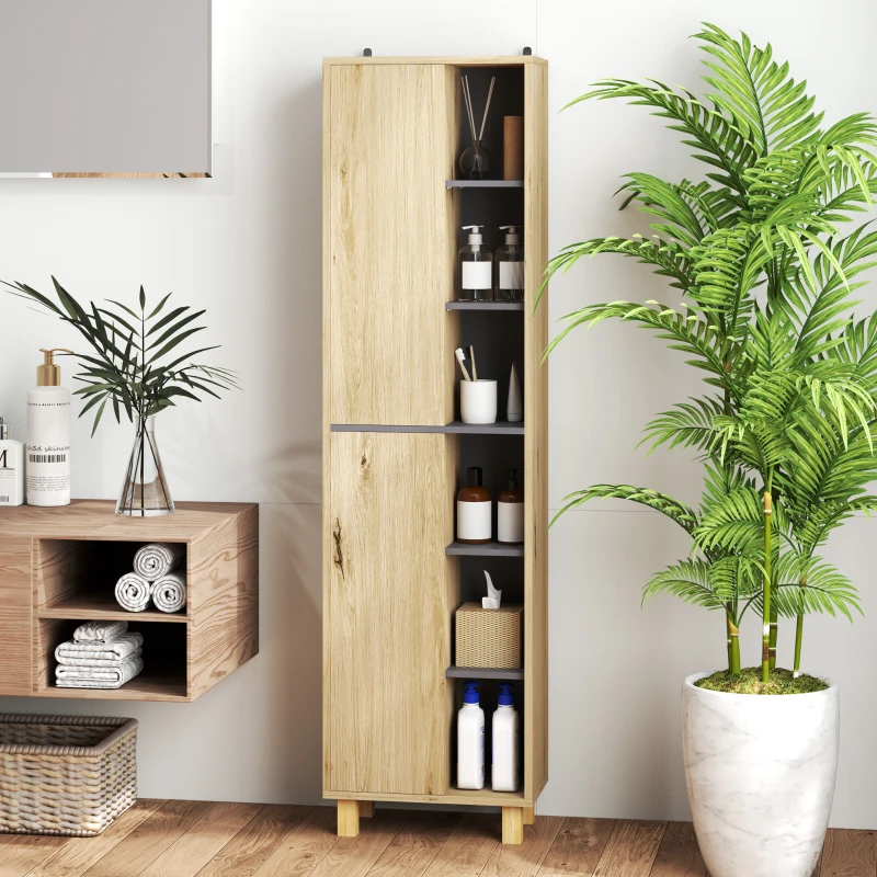 HOMCOM Meuble colonne salle de bain, armoire de salle de bain avec 6 compartiments ouverts et 2 placards, bois naturel(m-7)