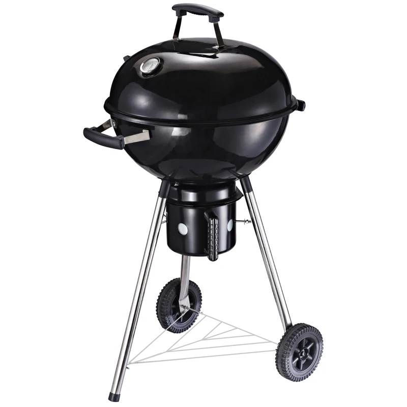 Outsunny Barbecue in Ghisa con 2 Ruote e 2 Griglie | Coperchio con Termometro, Valvola e Ripiano Inferiore | 50x63x94cm