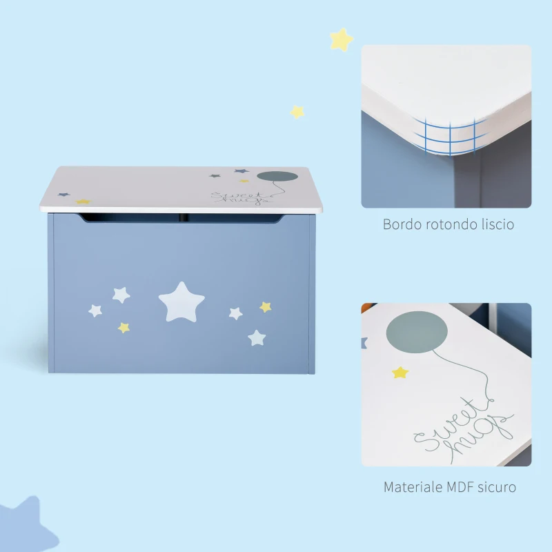 HOMCOM Cassapanca Baule Portagiochi in Legno Blu e Bianco, Panca per Cameretta Bambini 55 x 34 x 35.5 cm