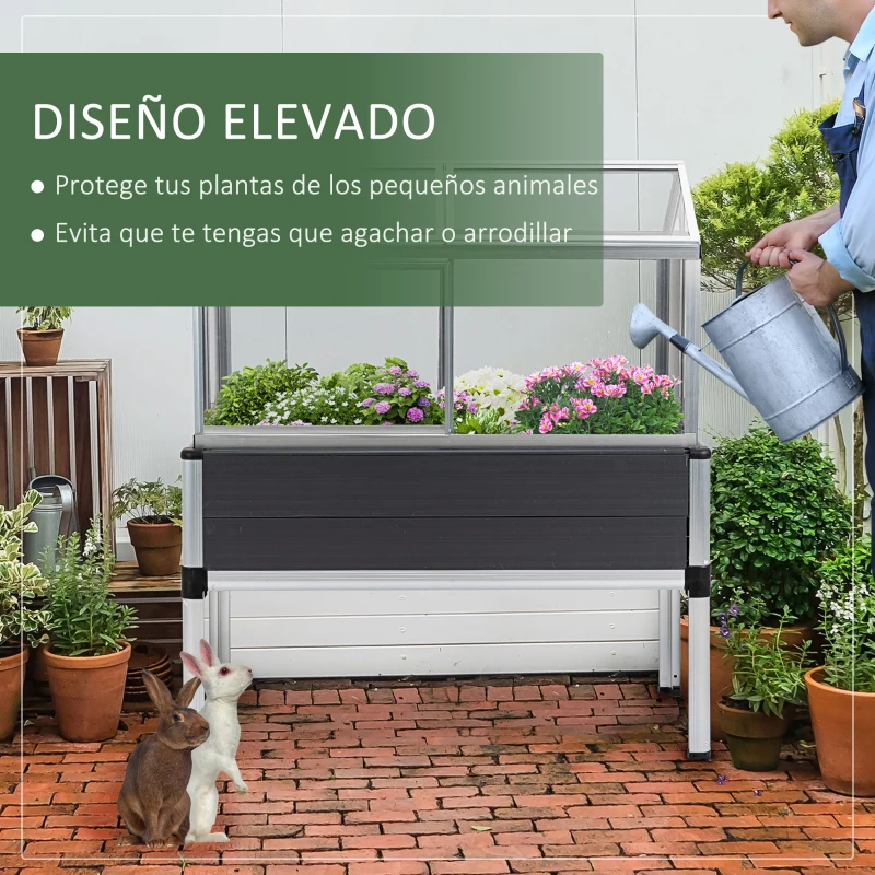 Outsunny Huerto Urbano Elevado 113,5x61x128,5 cm con Cubierta de Policarbonato con Techos Abatibles y Ventanas Correderas Marco de Aluminio y PVC para Plantas Flores Gris