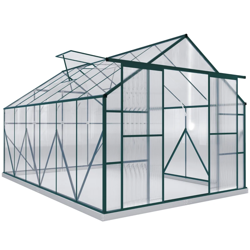 Outsunny 8 x 12ft Aluminium Greenhouse Polycarbonate Walk-in Garden Greenhouse Kit with Adjustable Roof Vent, Double Sliding Door, Rain Gutter and Foundation, Clear