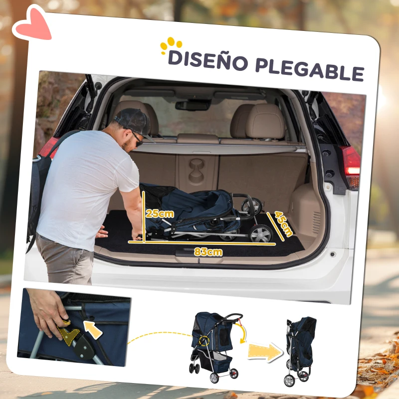 PawHut Carrito para Perros Pequeños con Cesta de Almacenaje Ventanas de Malla y 2 Ruedas Universales 75x45x97 cm Azul Oscuro