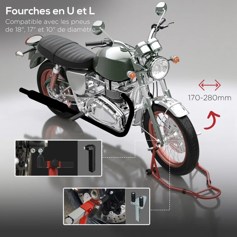 HOMCOM Support pour moto, béquille avant pour moto avec bras oscillant en U et en L, support universel pour atelier, rouge
