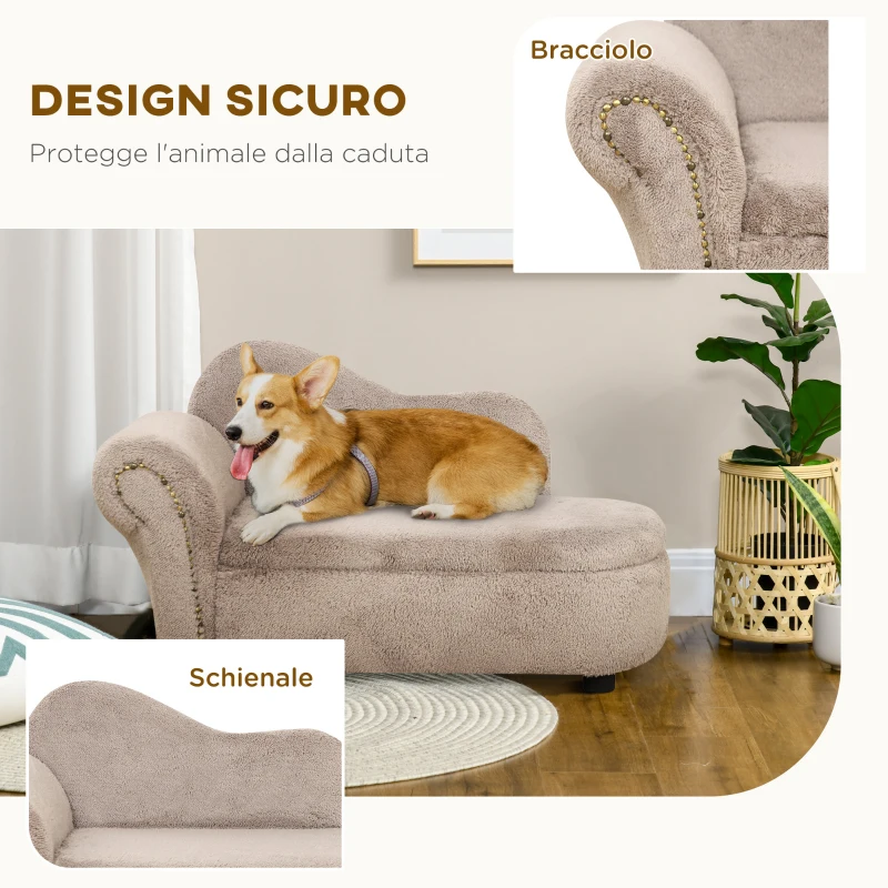 PawHut Divano per Cani Rialzato con Spazio Portaoggetti a Scomparsa, in Legno e Tessuto Vellutato, 80x40x46 cm, Beige