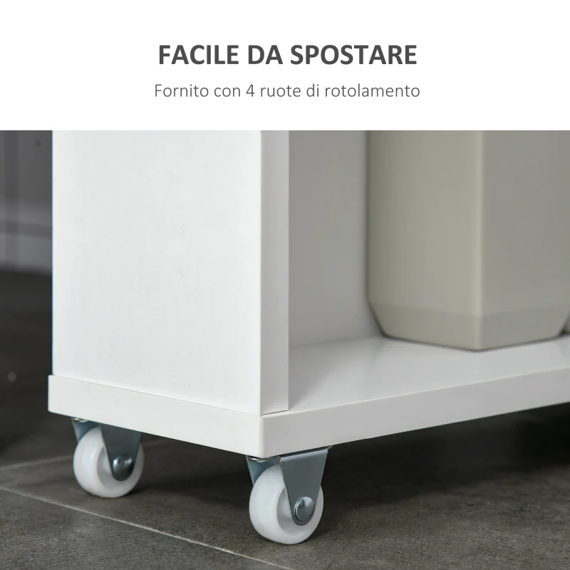 kleankin Carrello Portaoggetti per il Bagno Stretto 13cm, Cassettiera con Mensole e 4 Ruote in Legno Bianco 50x13x67.5cm