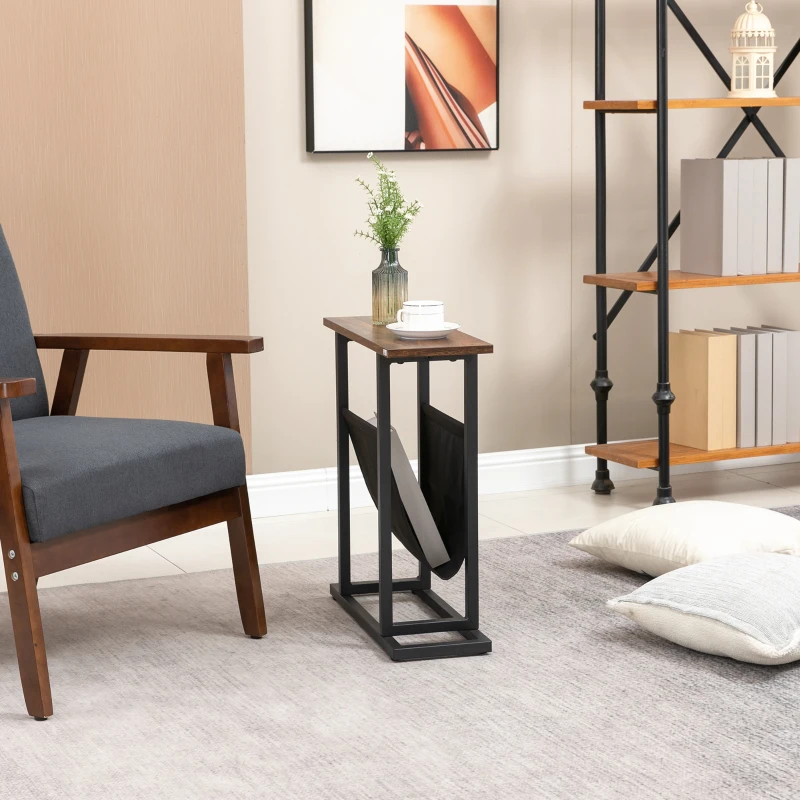 HOMCOM Tavolino da Salotto in Truciolato e Acciaio con Borsa Portaoggetti in Tessuto Oxford, 49x19x55 cm, Marrone e Nero