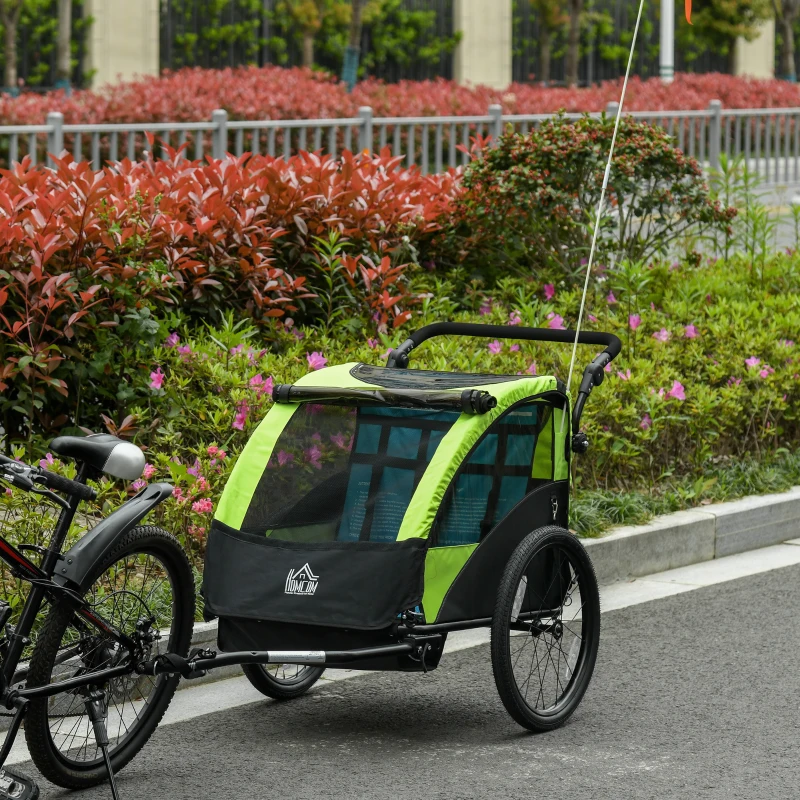 HOMCOM Bike Trailer 2 In1 Child Kids Stroller 2 Seater Carrier with Adjustable Handlebar Hitch Coupler Green