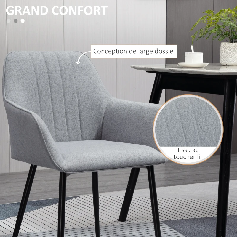 HOMCOM Chaises de Salle à Manger Chaises de Visiteur Design scandinave - Lot de 2 chaises - Pieds effilés métal Noir - Assise Dossier accoudoirs ergonomiques Lin Gris
