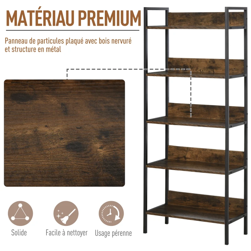 HOMCOM Étagère bibliothèque Design Contemporain 5 Niveaux dim. 64L x 30l x 158H cm Panneaux Particules Aspect Vieux Bois métal Noir