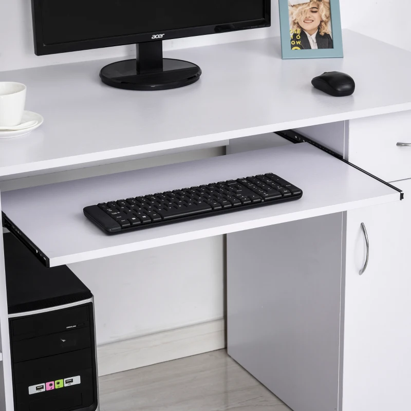 HOMCOM Bureau informatique table d'ordinateur multimédia multi-rangements avec étagère tiroir tablette clavier MDF 120 x 60 x 74 cm blanc(m-8)