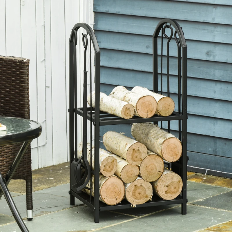 Outsunny Porte-bûches range bûches 2 niveaux étagère à bois de cheminée serviteur de cheminée multi-accessoires 2 étagères dim. 41,5L x 32,5l x 74,5H cm métal noir